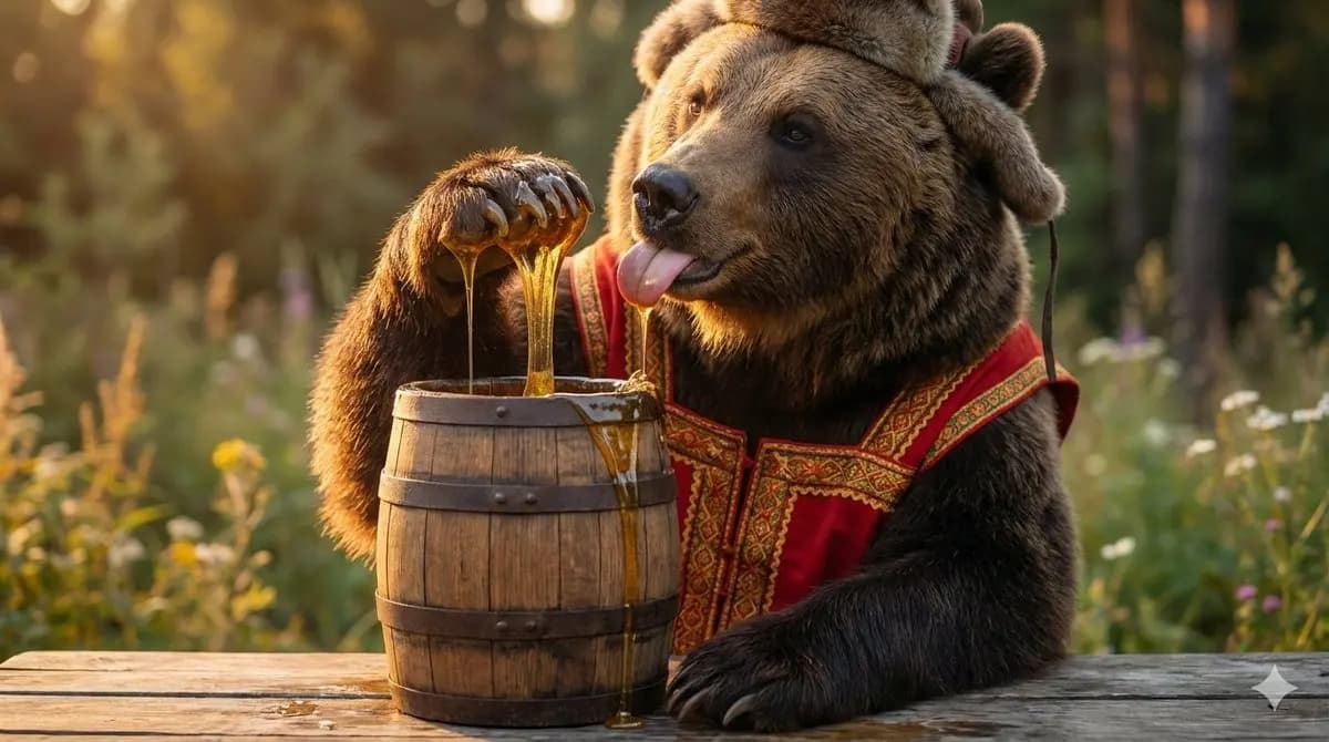 A Bear''s Delight: Honey Harmony in Nature''s Embrace