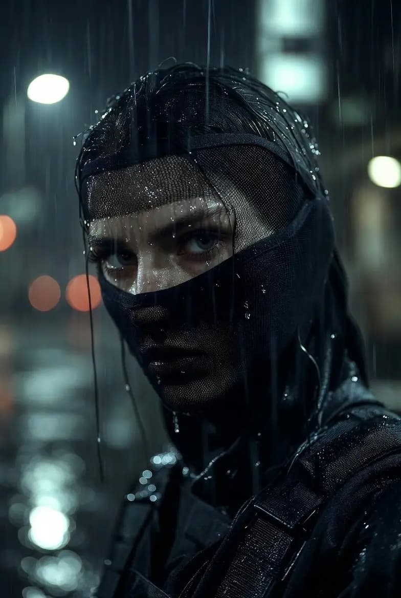 City Shadows: The Masked Operative in Rain-soaked Dystopia