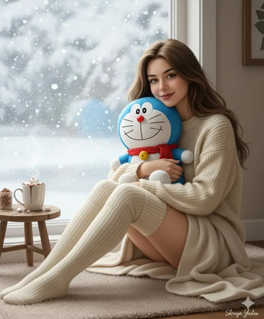 Cozy Moments: Winter''s Embrace with a Plush Companion