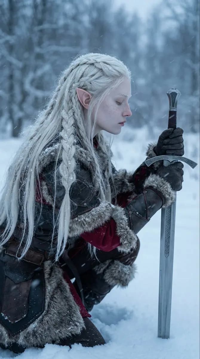 Frost-Kissed Elegance: The Elven Warrior in Winter''s Grip