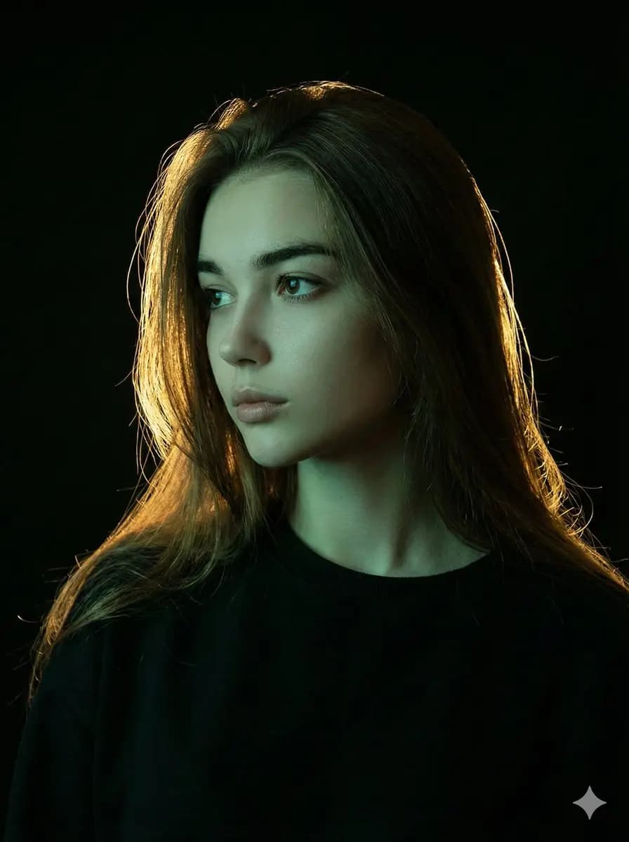 Golden Glow Meets Cool Green: A Portrait of Contemplation